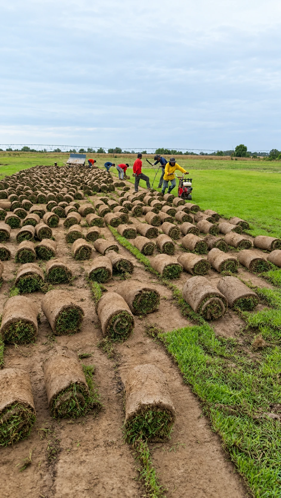 Colheita real com rolos de grama e trabalhadores no campo da Grameira Tanzânia